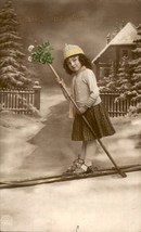 Vintage, girl skiing in front of house, Art Deco tinted postcard, circa ... - $92.48 MXN