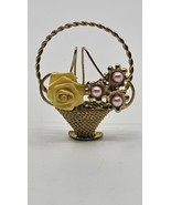 Vtg Gold Tone Faux Pink Pearl Yellow Rose Basket Flower Brooch Jewelry - €19,91 EUR