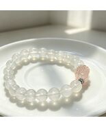 Natural 10mm White Rabbit Hair Quartz Bracelet Rose Quartz Carved Fox Lotus - $42.00