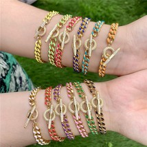 5Pcs Trendy High Quality Multi Color Enamel Cuban Chain Bracelet, Cz Micro Pave  - $56.86