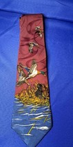 SURREY Dogs Hunting Ducks Wine Red &amp; Blue Poly Necktie - £7.63 GBP