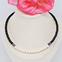 ITI 925 Sterling Silver - Black Braided Leather &amp; White Pearl Choker Necklace - £23.94 GBP