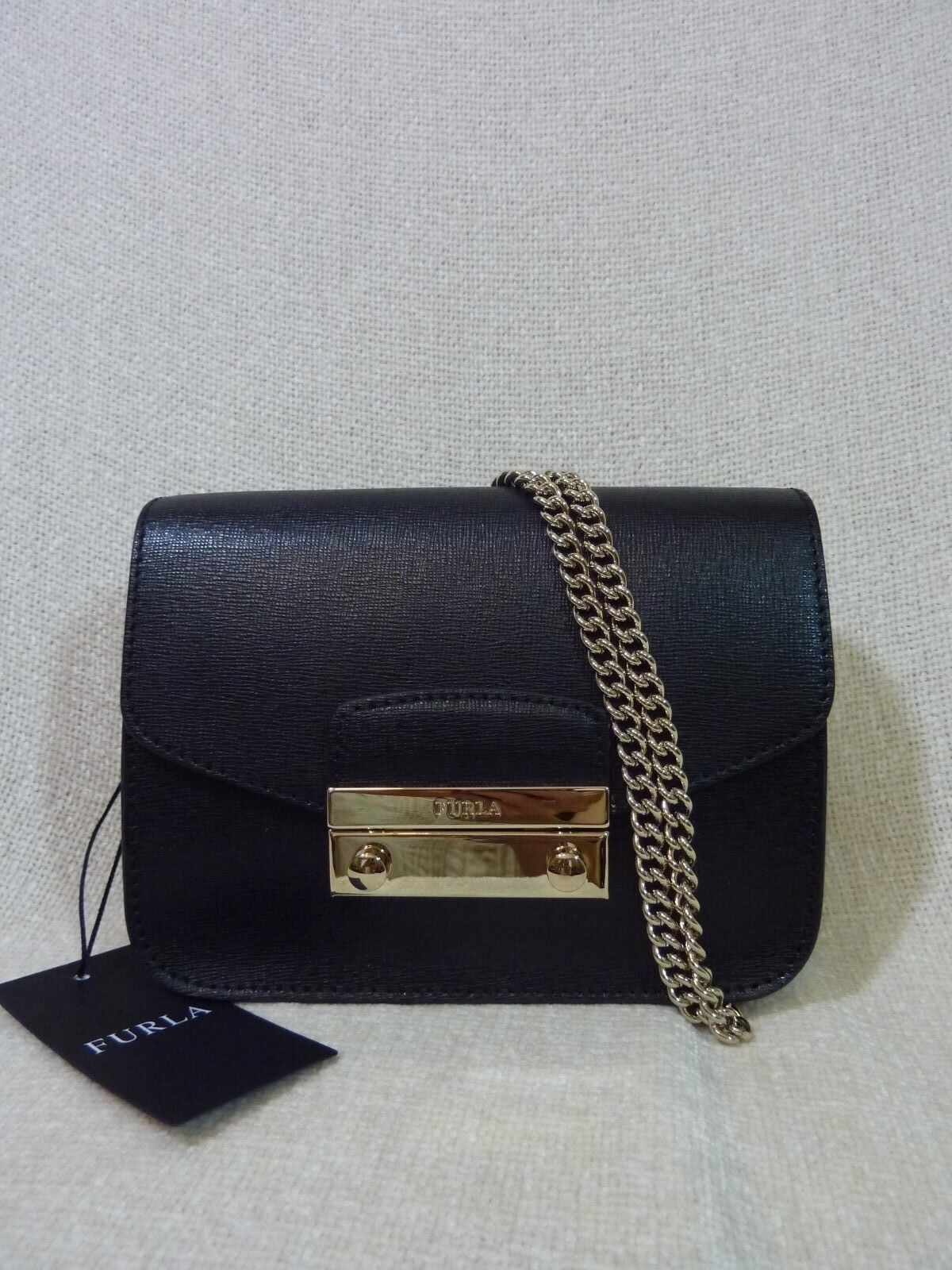 Primary image for NWT FURLA Onyx Black Saffiano Leather Mini Julia Chain Cross body Bag $328