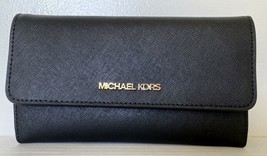 New Michael Kors Jet Set Travel Large Trifold Wallet Leather Black with Gold - £51.50 GBP