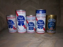 5 Pabst Blue Ribbon Beer Cans Vintage VTG Man Cave Bar Decor 16 Oz 12 Oz  - $32.66