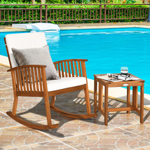 2Pcs Patio Wooden Rocking Chair Set Garden Outdoor W/ Coffee Table Cushion - £224.91 GBP