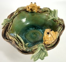 Handmade Ceramic Frog Pond Bowl Signed Cottagecore Green Brown Gold 6&quot; Wide - £12.84 GBP