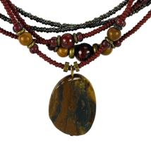 Necklace Beaded With Stone Pendant 5 Strands 17&quot; Brown Burgundy Color Unbranded - $11.62