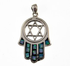 Handcrafted Solid 925 Sterling Silver Blue Opal Hamsa and Star of David Pendant - £27.79 GBP