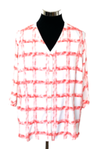 Lee Riders Blouse Women&#39;s Size 1X Coral White Checks V-Neck Button Front Casual - £10.87 GBP