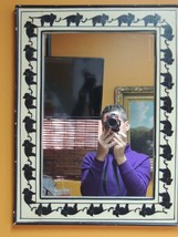 Hand Painted Mirror 24.5&quot;x18.5&quot; black &amp; white elephants trunk to tail ha... - $80.99