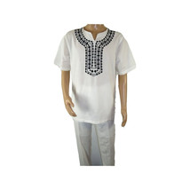 Men 2pc Stacy Adams leisure suit Linen Cotton With Embroidery 3668 white black image 6