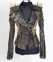 Men&amp;Woman Unique Full Heavy Metal Gold Long Spiked Skull Hot Bike Leather Jacket - £336.54 GBP