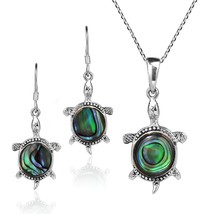 Sea Life Happy Turtles Abalone Shell .925 Sterling Silver Necklace Earrings Set - £26.57 GBP