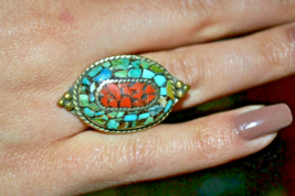 Vintage Coral Turquoise Mosaic Ring. - £15.74 GBP
