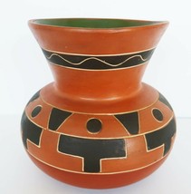 Vtg redware Mexico pottery vase black geometric design green glaze interior - $69.99