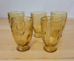 Vintage Amber Cordial Juice Glasses Textured Fruit Grapes Pear Apple Set of 5 - £13.58 GBP