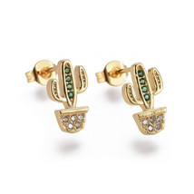 Gold Cactus Earrings Stud Post Jewelry Micro Pave Rhinestone Brass Cubic Zircon - £8.61 GBP