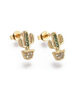 Gold Cactus Earrings Stud Post Jewelry Micro Pave Rhinestone Brass Cubic... - $10.99