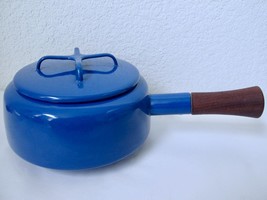 Vintage 70s Dansk Blue Kobenstyle Enamel Pan w Lid Wood Handle 1.5 Qt MCM - £54.75 GBP