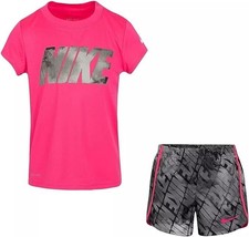 Nike Girl`s Graphic Print T Shirt &amp; Shorts 2 Piece Set Pink Black 4T - £23.84 GBP