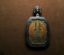 guan yin buddha pendant, chenrezig, silver tibetan protection amulet - $522.00