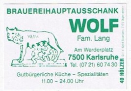 Matchbox Label Germany Brauereihauptausschank Brewery Wolf Karisruhe - $0.98