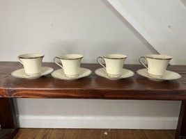 4 Lenox Solitaire Teacup Coffee Cup Mug Saucer Plate Platinum Trim Cream Set Lot - $35.62