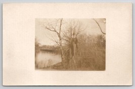 RPPC Dapper Gentleman Standing on Tree Stump Waters Edge Postcard G24 - £7.19 GBP