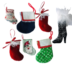 6 Miniature Christmas Stocking Ornaments Cross Stitch Velvet Cloth Fancy Boot - £18.94 GBP