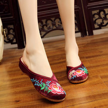 Flowers Embroidered Women Flannel Cotton Close Toe Mules Slippers Vintage Leisur - £21.43 GBP