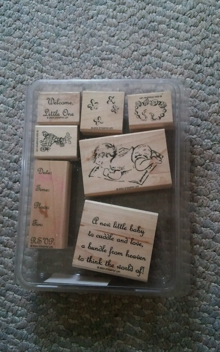 Vintage Stampin Up 2004 Welcome Little One 7 Stamp Set in Plastic Case Nice - $29.00