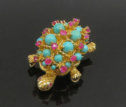 18K GOLD - Vintage Shiny Ruby &amp; Turquoise Turtle Motif Brooch Pin - GB075 - £1,314.66 GBP