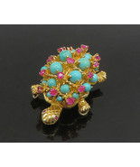 18K GOLD - Vintage Shiny Ruby &amp; Turquoise Turtle Motif Brooch Pin - GB075 - £1,297.20 GBP