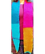 Crocheted Extra Long Scarf in fun bright colors Blues Pinks Golds Hand Made - £12.08 GBP