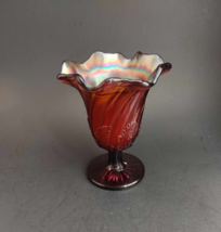 VTG Westmoreland Carnival Glass Leaf Swirl Ruffled Vase Pedestal iridescent - £21.75 GBP