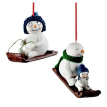 SLEDDING SNOWMAN ORNAMENTS Set of Two 2pcs Riding Sled Porcelain Christm... - €11,24 EUR