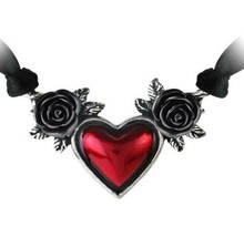 Alchemy Gothic Romantic Blood Red Heart Necklace Black Roses Ribbon Tie ... - $23.45