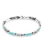 Greek Key Labyrinth Green Turquoise Inlay Sterling Silver Bracelet - £37.92 GBP