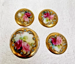4 Antique Victorian Raised Relief Hand Painted Floral Porcelain Stud But... - $29.21