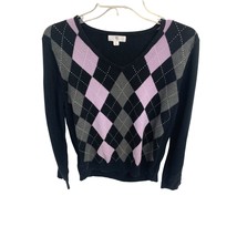 Apt 9 Womens Size Medium Vneck Argyle Sweater Black Purple Gray Long Sleeve Pull - £18.30 GBP