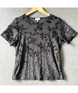 Vintage Ninety Black Raised Velvet Embossed Floral Top Short Sleeve - Wo... - $451.23 MXN