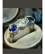 3 Ct Antique Round Cut White &amp; Sapphire Diamond Wedding Ring 14K White G... - £72.50 GBP