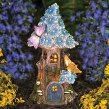 Lighted Butterfly &amp; Blue Daisies Tinker Bell Fairy House Solar LED Garden Statue - £27.33 GBP