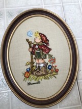 Vintage Finished Hummel Boy  Framed Oval Picture Needlepoint 10 X 13 in - £17.37 GBP