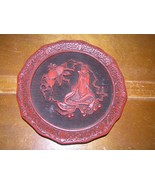 Vintage Brass Backed Deeply Carved Asian Oriental Red Cinnabar Plate The... - $74.44