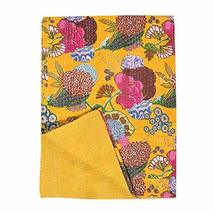 Handmade Fruit Print Yellow Kantha Quilt, Indian Vintage Kantha Throw, Recycle F - £43.05 GBP