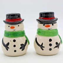 Snowman Salt Pepper Shakers in Top Hats &amp; Green Scarves Snowfolk Winter Ceramic - £7.74 GBP