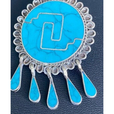 Vintage Taxco 925 Sterling Silver & Turquoise Inlaid Fringed Sky Item image 2