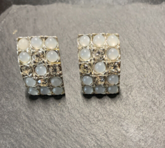 Vintage Silver Tone Clip On Earrings Rectangular Shape Iridescent Glass ... - $7.99